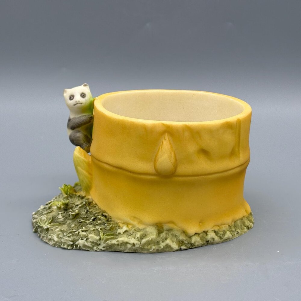 Vintage Panda Bear Bamboo Planter 4" Yellow Art Pottery Figural Vase Asian Style